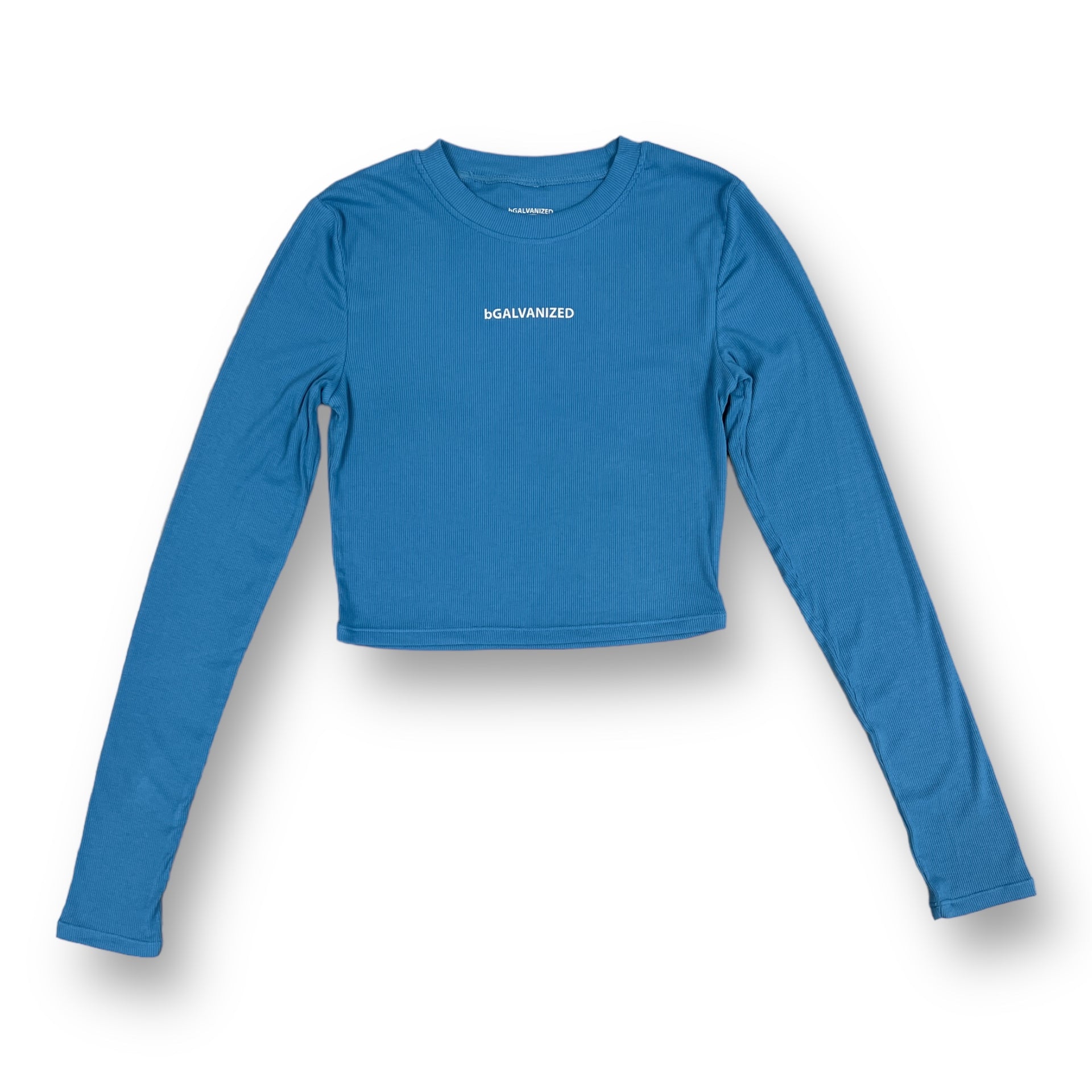 Blue Rib Underbust Drawstring Long Sleeve Crop Top